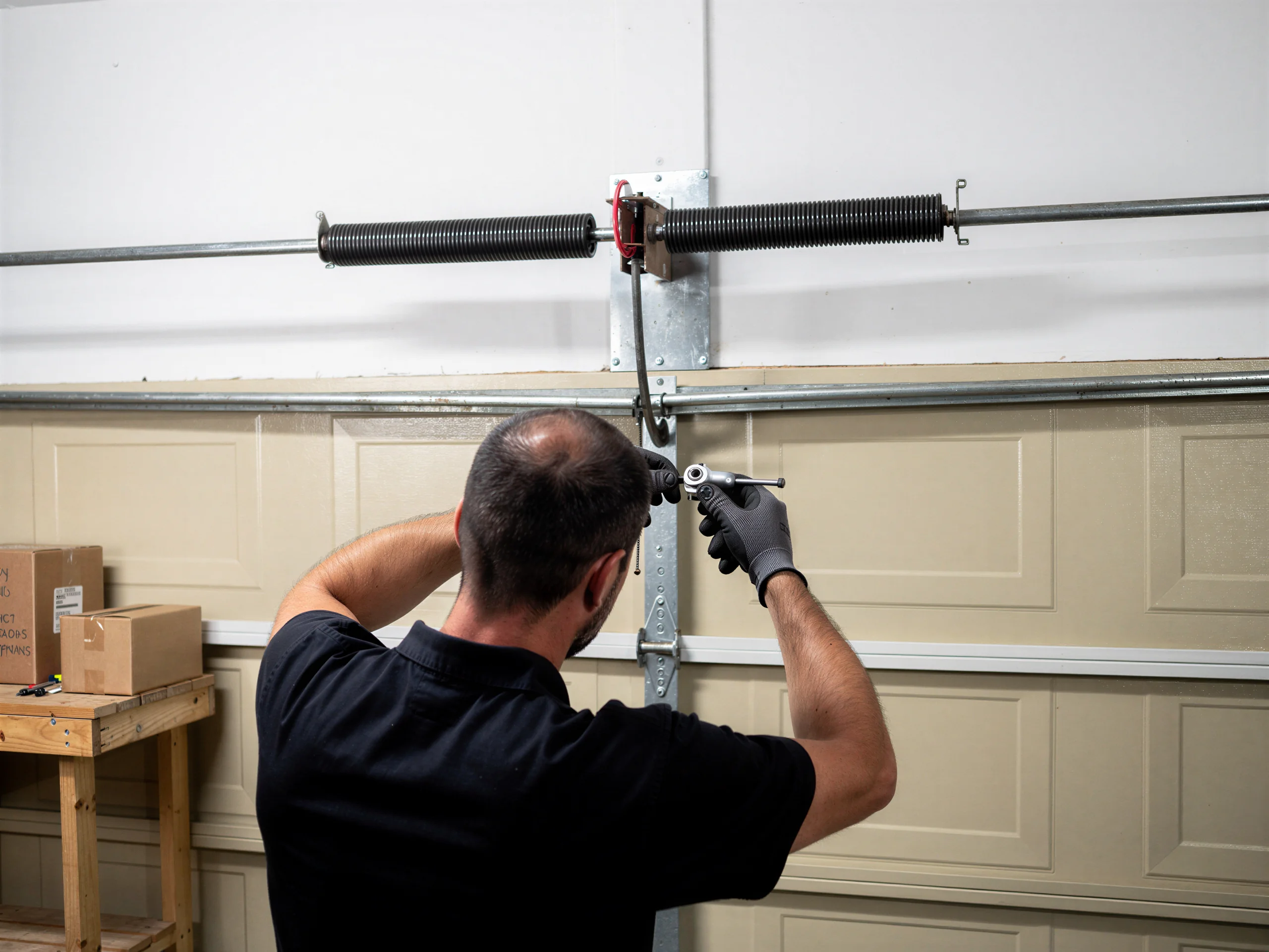 A technician is repairing the torsion spring above a beige garage door.